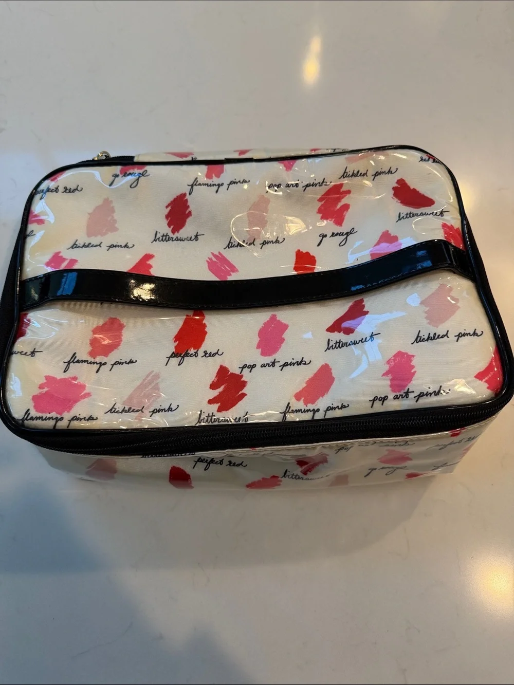 kate spade White Vinyl Cosmetic Case with Pink & Red Lip Prints